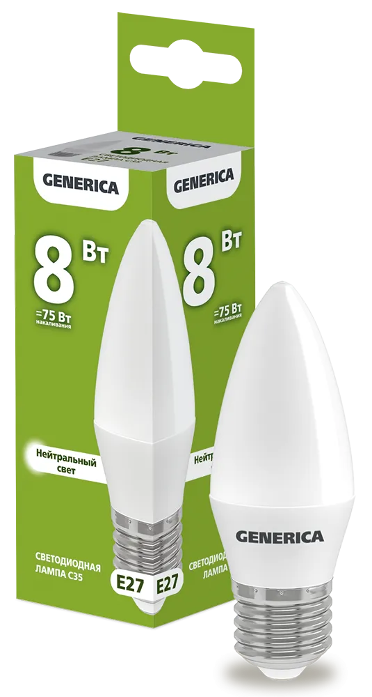 Лампа светодиодная C35 свеча 8Вт 230В 4000К E27 GENERICA LL-C35-08-230-40-E27-G