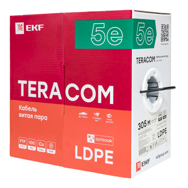Витая пара TERACOM Cat.5E F/UTP 4 п. solid внеш. LDPE черн. (305м) - Фото 3