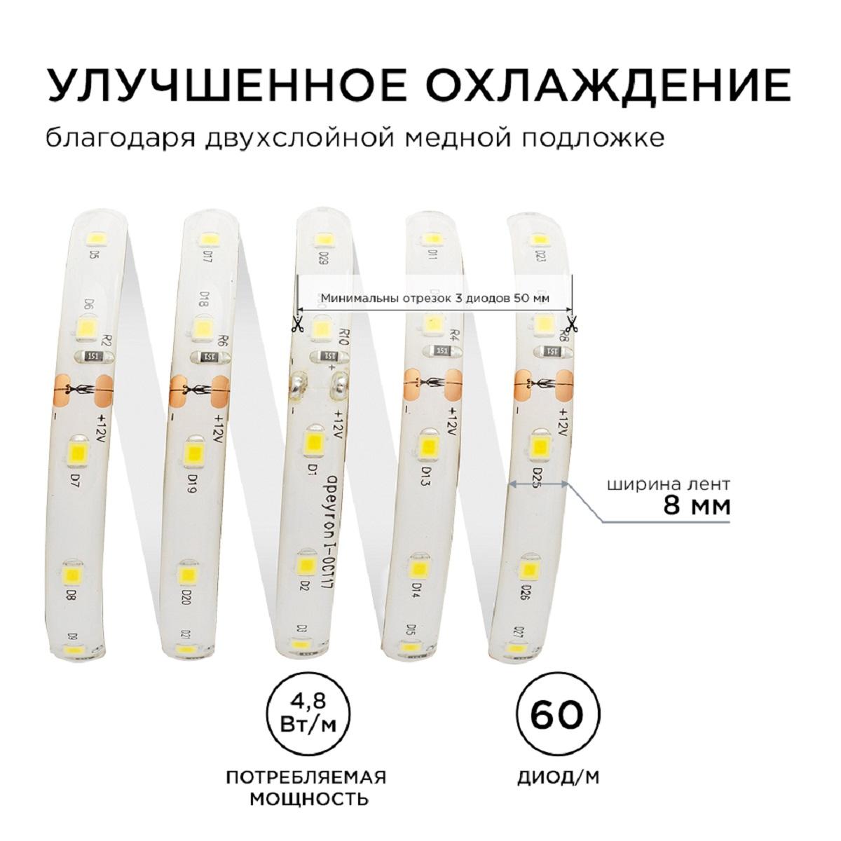 Лента светодиодная СТ smd3528 60д/м 12В 3000К IP65 5м Apeyron - Фото 6