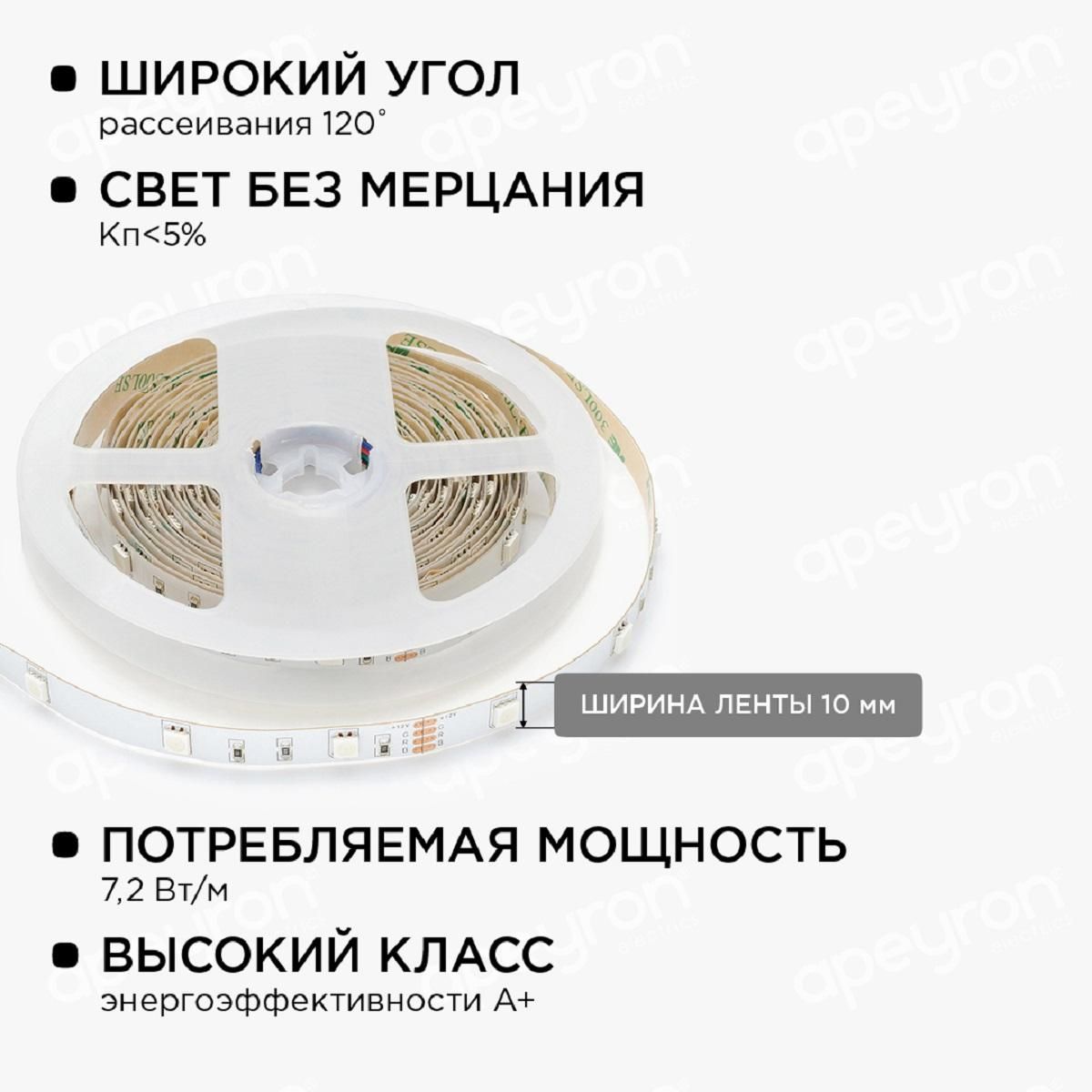Комплект светодиодной ленты smd5050 30д/м 12В IP20 5м RGB Apeyron - Фото 5
