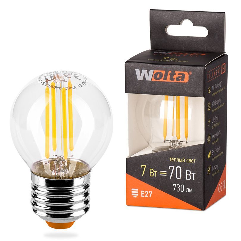 Светодиодная лампа  WOLTA FILAMENT 25Y45GLFT7E27 "Шар" G45 7Вт 730лм 3000К E27 1/10/50 25Y45GLFT7E27