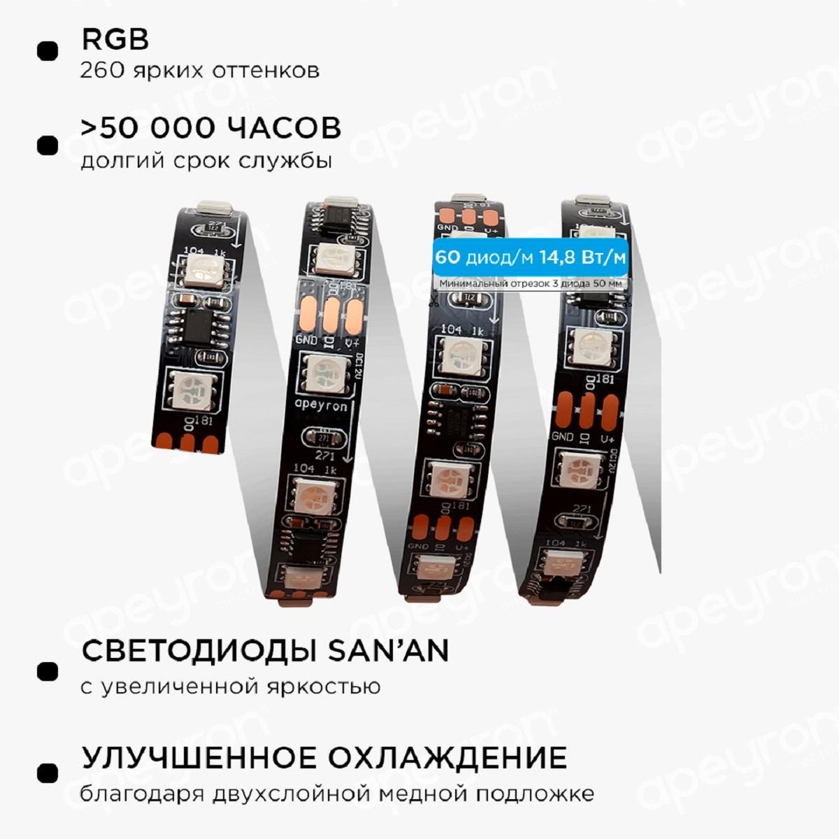 Комплект цифровой светодиодной ленты smd5050 60д/м 12В IP20 5м RGB Apeyron - Фото 10
