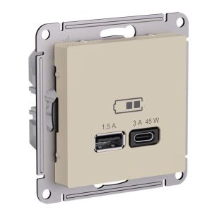 Розетка USB AtlasDesign тип A+C 45Вт высокоскор. заряд. QC PD механизм песочн. SE ATN001229
