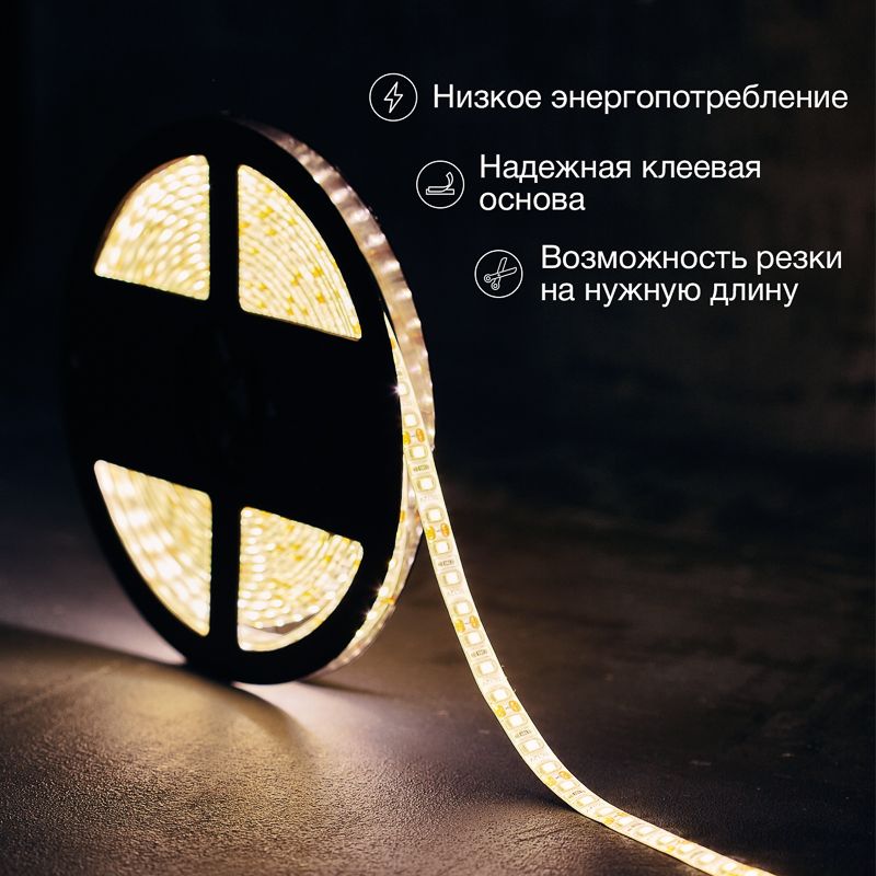 Лента светодиодная 12В, SMD2835, 9,6Вт/м, 120 LED/м, 3000K, 8мм, 5м, IP65 LAMPER - Фото 2