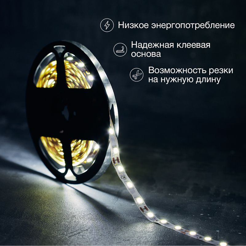 Лента светодиодная 12В, SMD5050, 14,4Вт/м, 60 LED/м, 6500K, 10мм, 5м, IP20 LAMPER - Фото 2