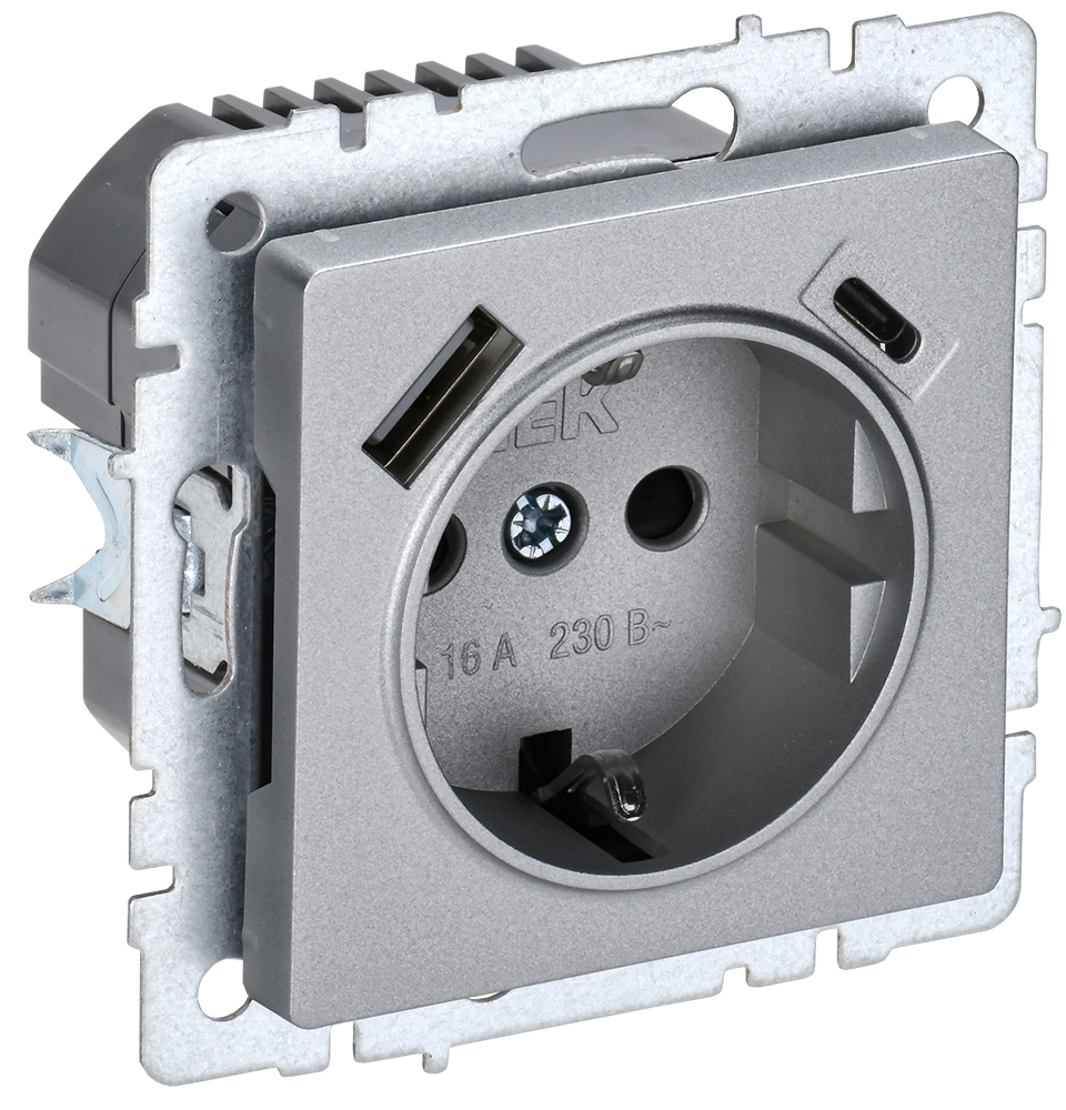 BRITE Розетка 1-местная с заземлением с защитными шторками 16А с USB A+C 18Вт РЮш11-1-БрА алюминий IEK