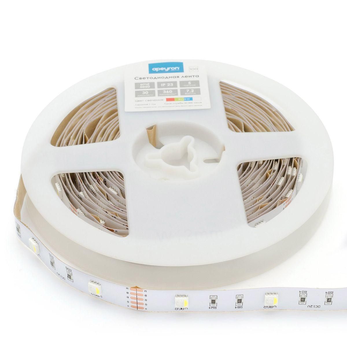 Лента светодиодная СТ smd5050 30д/м 12В IP20 5м RGBW Apeyron - Фото 9
