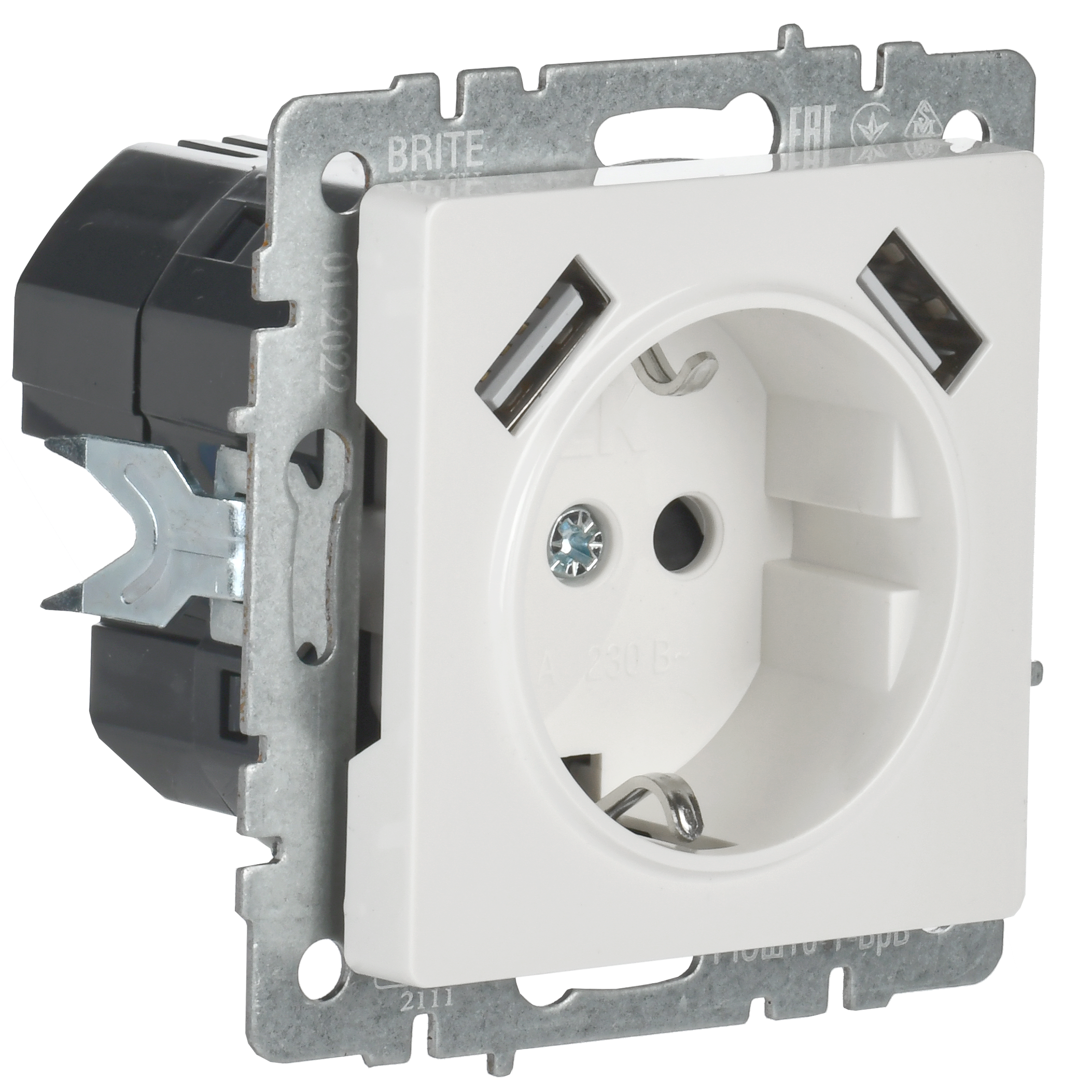 BRITE Розетка 1-местная с заземлением с защитными шторками 16А с USB A+A 5В 2,1А РЮш10-1-БрБ белый IEK - Фото 7