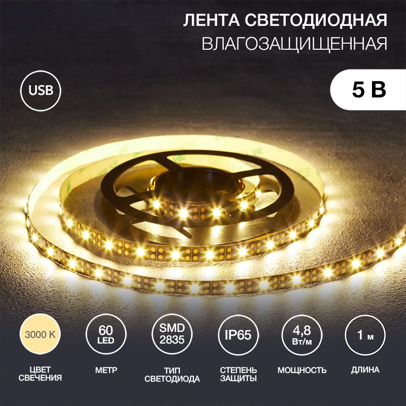 Лента светодиодная 5В, SMD2835, 4,8Вт/м, 60 LED/м, 3000K, 8мм, 1м, с USB коннектором, черная, IP65 L
