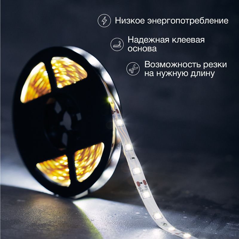 Лента светодиодная 12В, SMD2835, 4,8Вт/м, 60 LED/м, 6500K, 8мм, 5м, IP20 LAMPER - Фото 2