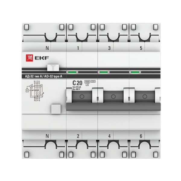 АД-32 3P+N 20А (С) 30мА тип (А) эл. 4,5кА EKF PROxima - Фото 2