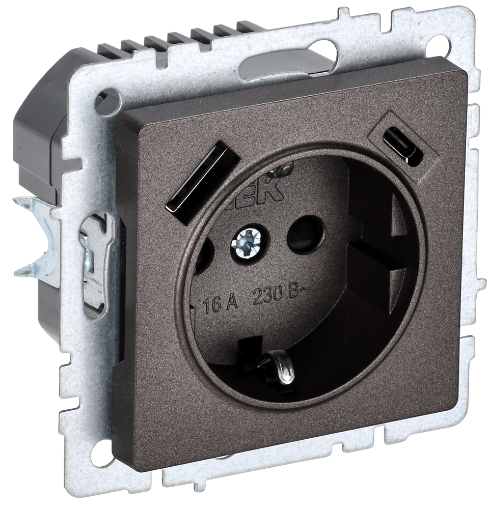 BRITE Розетка 1-местная с заземлением с защитными шторками 16А с USB A+C 18Вт РЮш11-1-БрТБ темная бронза IEK