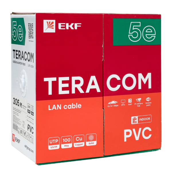 Витая пара TERACOM Cat.5E U/UTP 4 п. solid PVC сер. (305м) - Фото 2