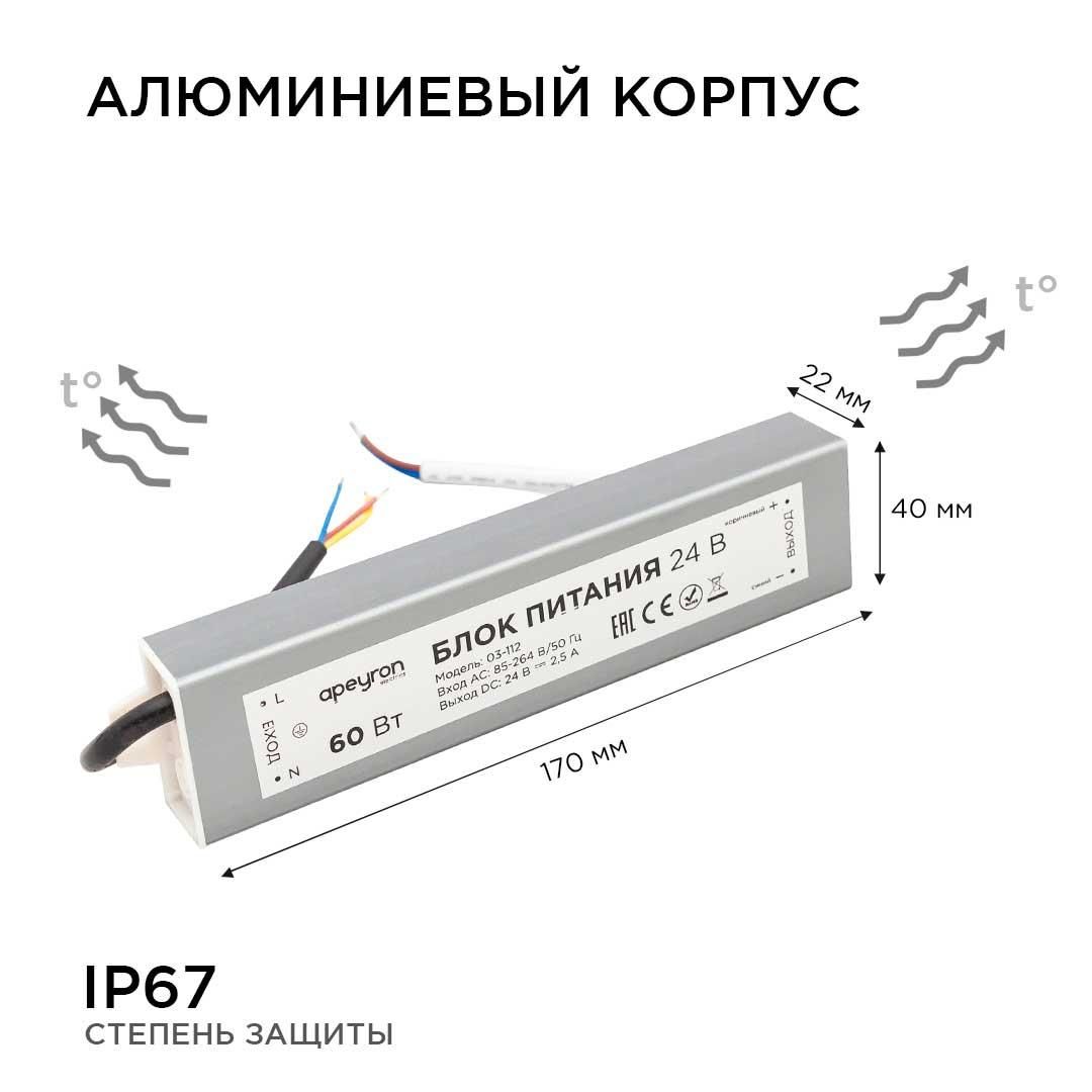 Блок питания 24В, 60Вт, импульсный, IP67, 175-265В, 2,5А, алюм., сереб., 170*40*22мм. Apeyron - Фото 4