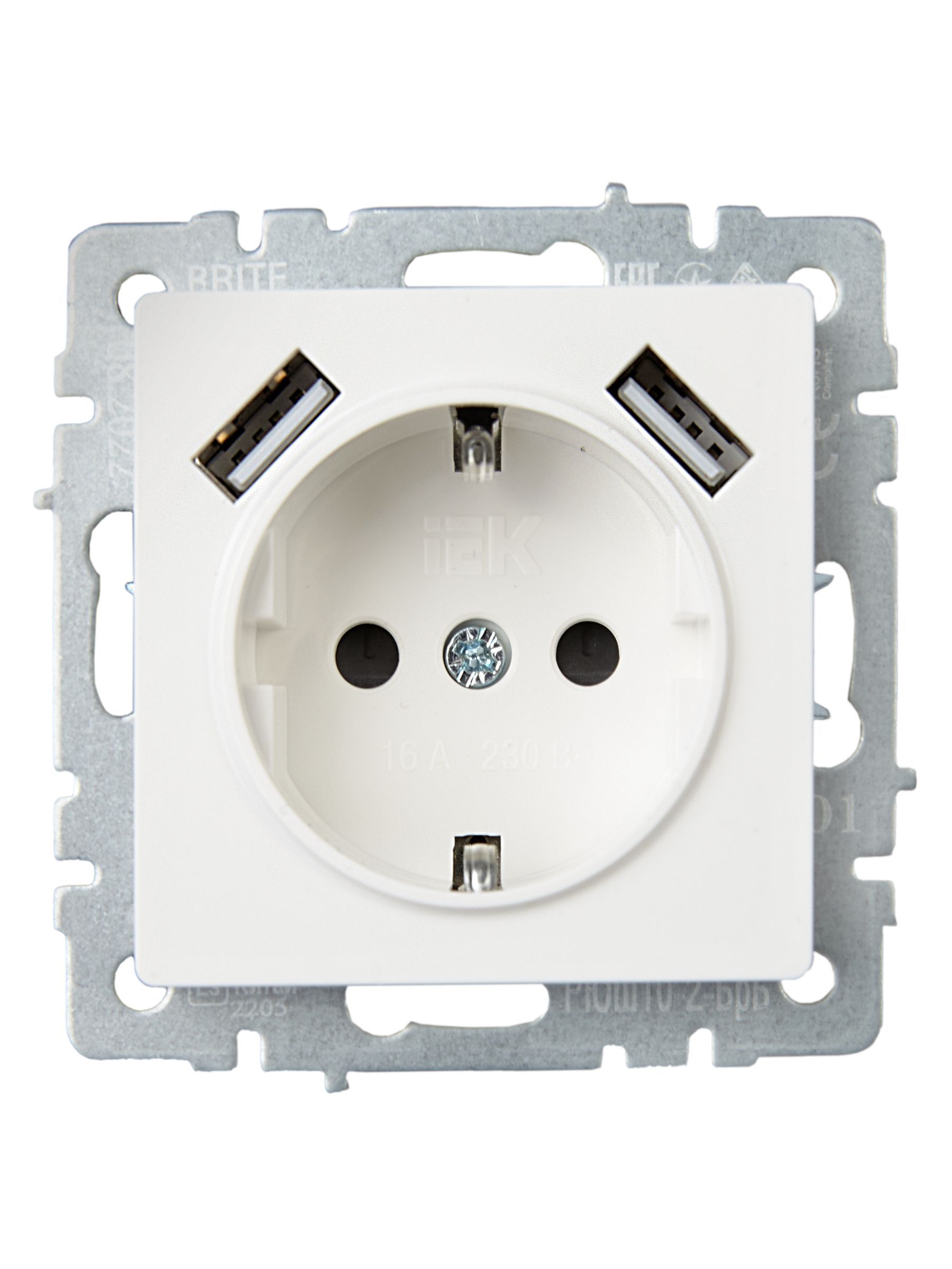 BRITE Розетка 1-местная с заземлением с защитными шторками 16А с USB A+A 5В 3,1А РЮш10-2-БрБ белый IEK - Фото 3