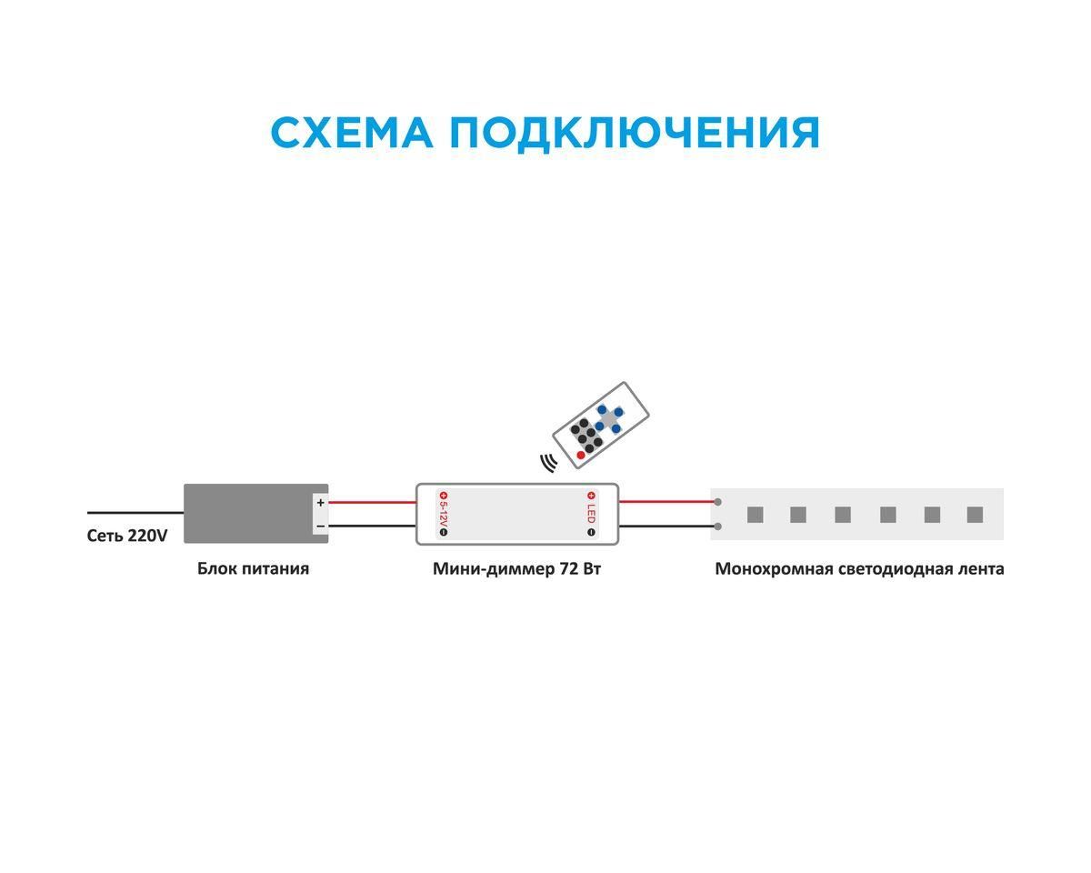 Мини-диммер 12В, 72 Вт, RF, пульт кнопочный, для монохромной светодиодной ленты, размер 40*12*5мм - Фото 3
