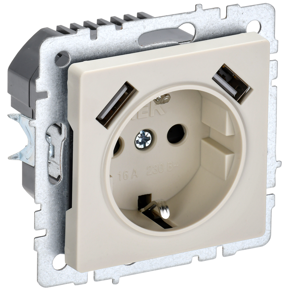 BRITE Розетка 1-местная с заземлением с защитными шторками 16А с USB A+A 5В 2,1А РЮш10-1-БрКр бежевый IEK