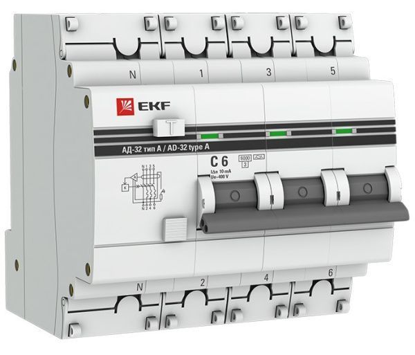 АД-32 3P+N 6А (С) 10мА тип (А) эл. 6кА EKF PROxima