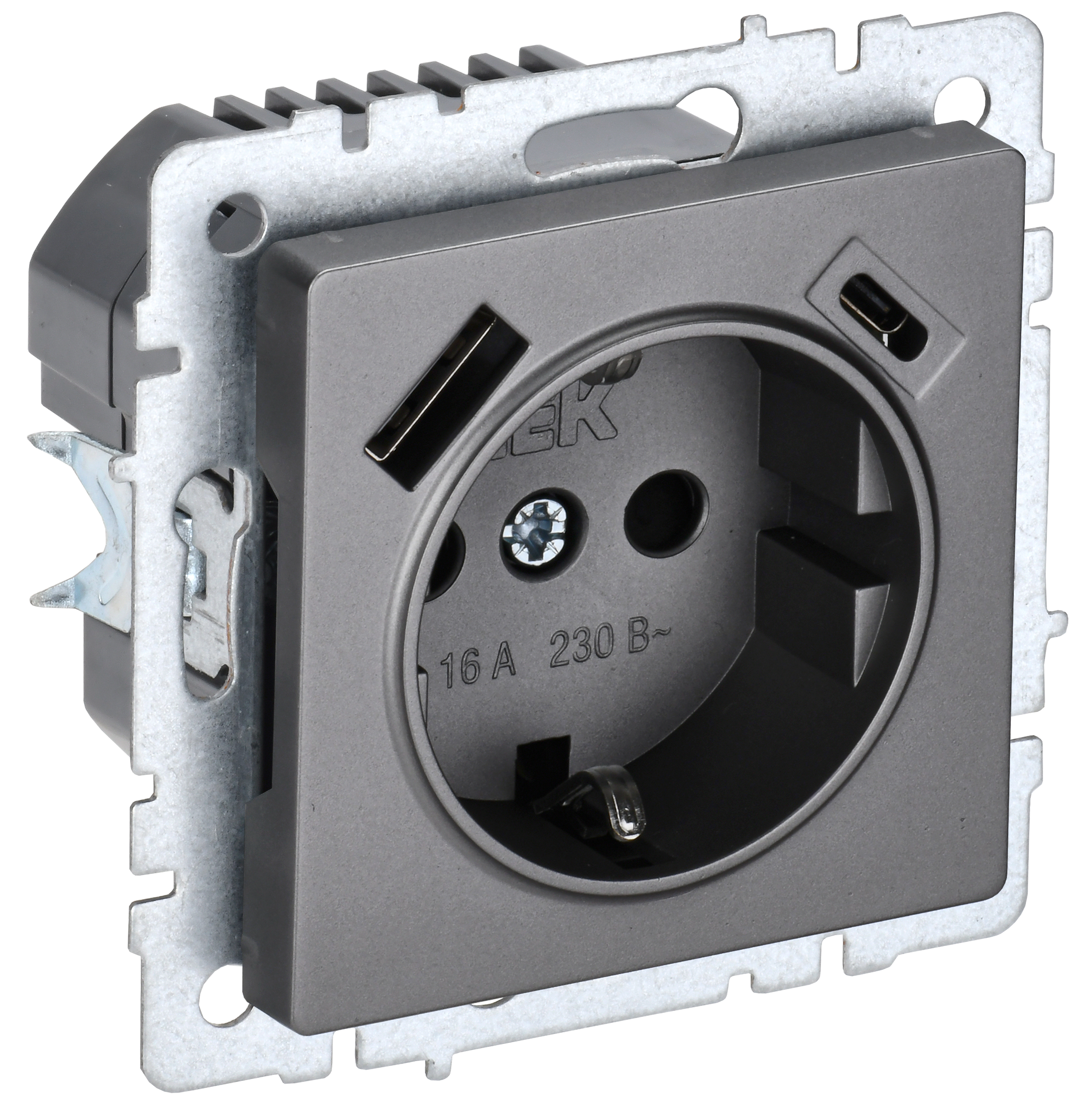 BRITE Розетка 1-местная с заземлением с защитными шторками 16А с USB A+C 18Вт РЮш11-1-БрС сталь IEK