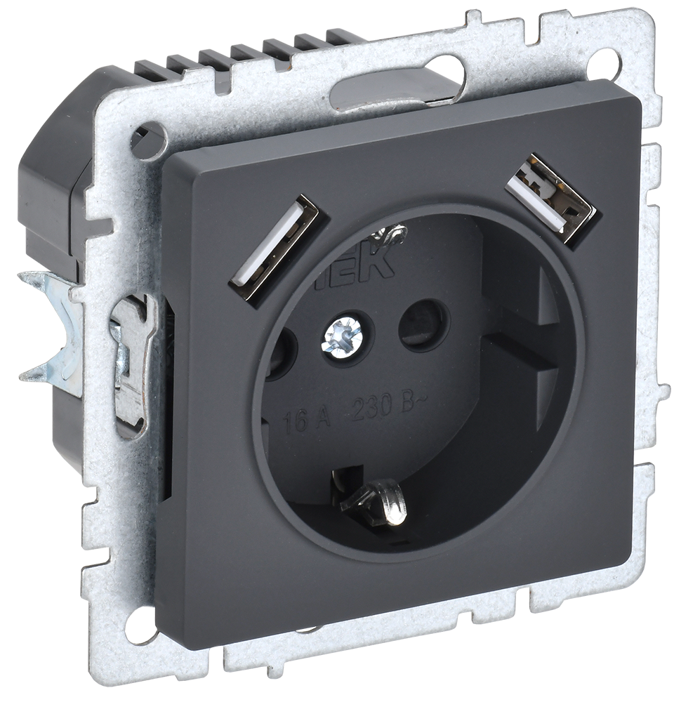 BRITE Розетка 1-местная с заземлением с защитными шторками 16А с USB A+A 5В 2,1А РЮш10-1-БрГ графит IEK