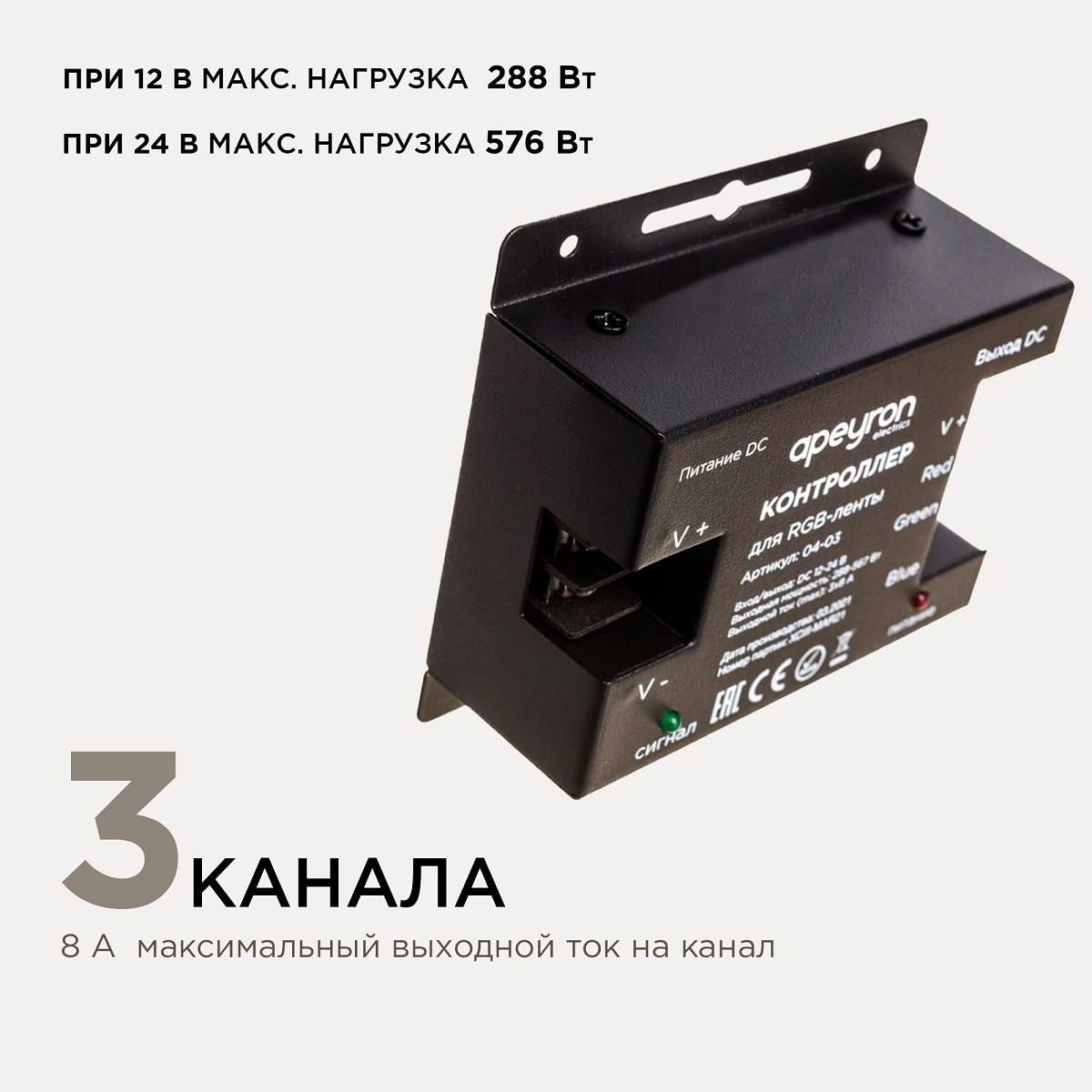 Контроллер RGB 12/24В, 288/576 Вт, 3 канала*8А, пульт сенсорный - Фото 8