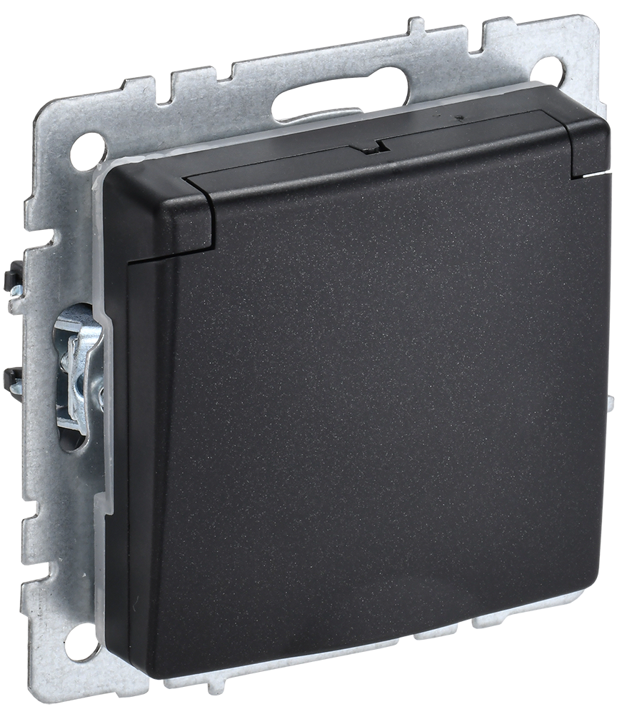 BRITE Розетка 1-местная с заземлением с защитными шторками и крышкой 16А IP20 РСбш10-3-БрЧ черный IEK