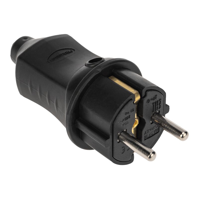 Вилка прямая c заземляющим контактом, 2P+PE 230V 16А IP44, каучук, черная - Фото 3