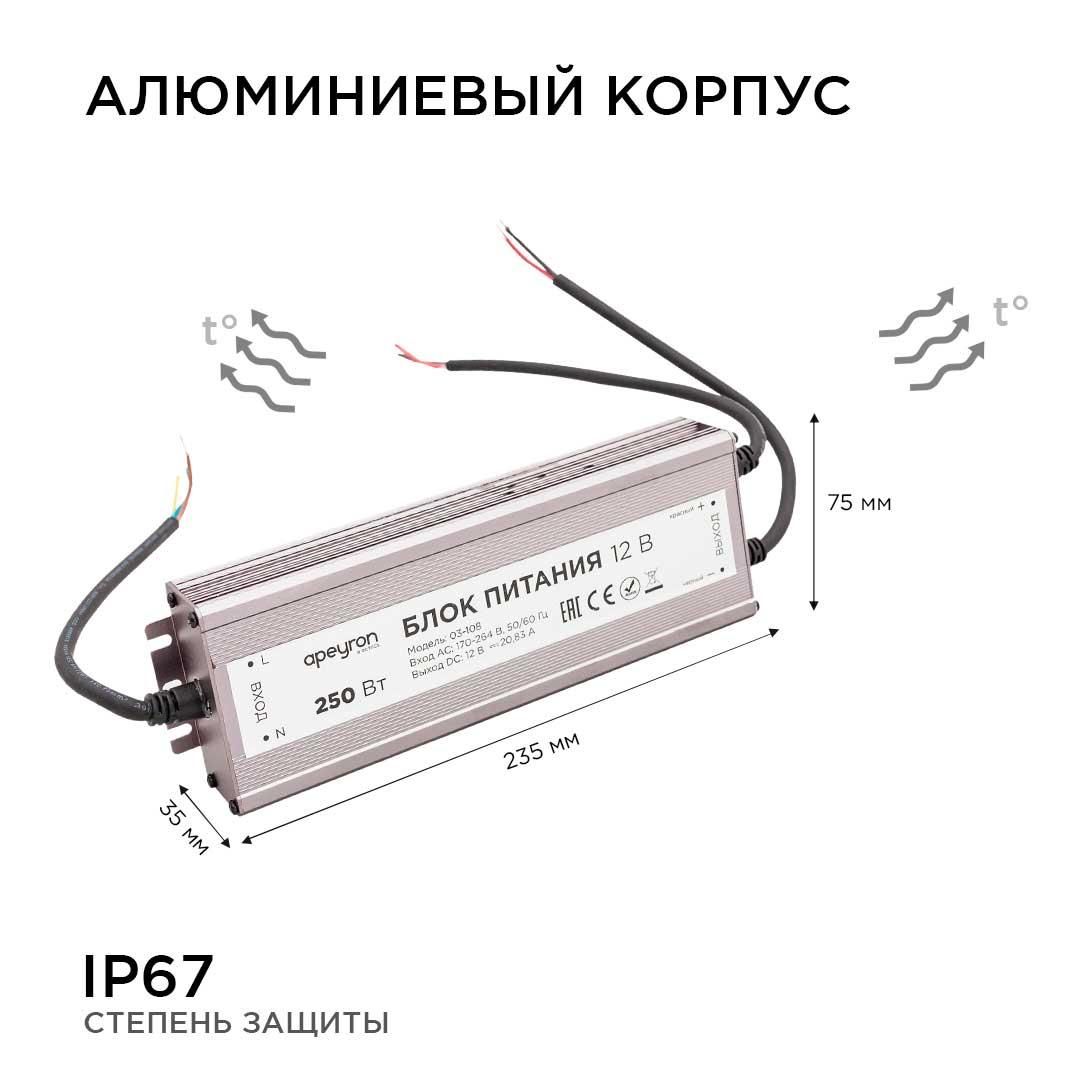 Блок питания 12В, (СТ), 250Вт, импульсный, IP67, 170-264В, 20,83А - Фото 3