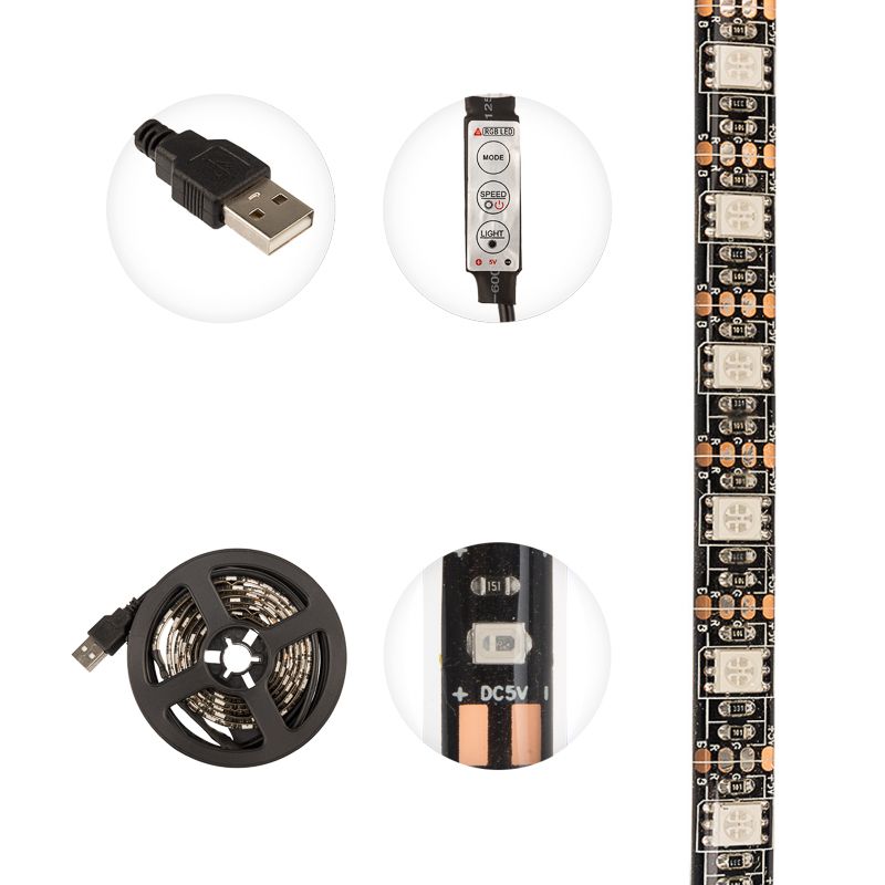 Лента светодиодная 5В, SMD5050, 4,8Вт/м, 60 LED/м, RGB, 10мм, 1м, с USB коннектором, черная, IP65 LA - Фото 3
