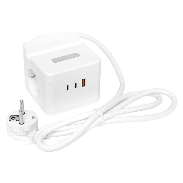 Удлинитель "Куб" 2 гнезда USB + 2Type C с быстрой зарядкой, подставкой под телефон и ночником 1,3 метра 1мм2 - Фото 3