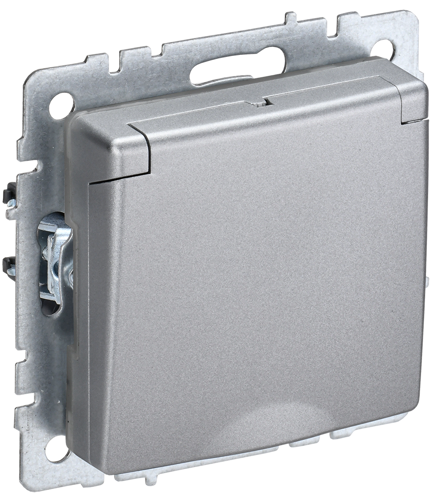 BRITE Розетка 1-местная с заземлением с защитными шторками и крышкой 16А IP44 РСбш10-3-44-БрА алюминий IEK