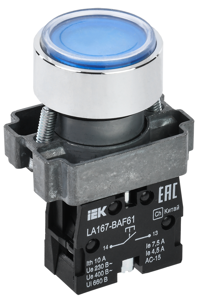 Кнопка управления LA167-BAF61 d=22мм 1з синяя IEK