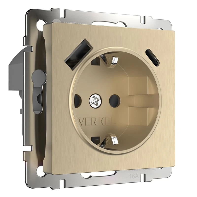 Розетка с заземлением, шторками и USB тип A+C (шампань рифленый ) Werkel