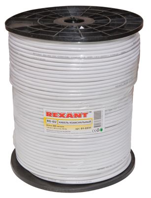 Кабель коаксиальный RG-6U, 75Ом, Cu/Al/Cu, 64%, 305м, INDOOR, белый REXANT - Фото 2
