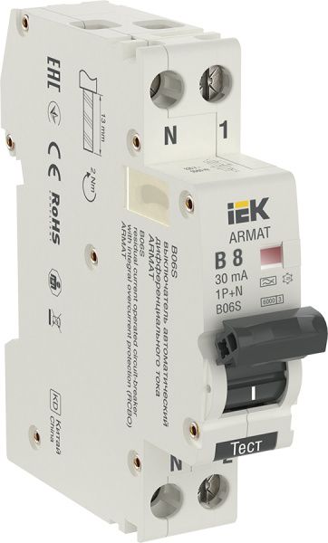 ARMAT Автоматический выключатель дифференциального тока B06S 1P+NP B8 30мА тип A (18мм) IEK AR-B06S-1N-B08A030