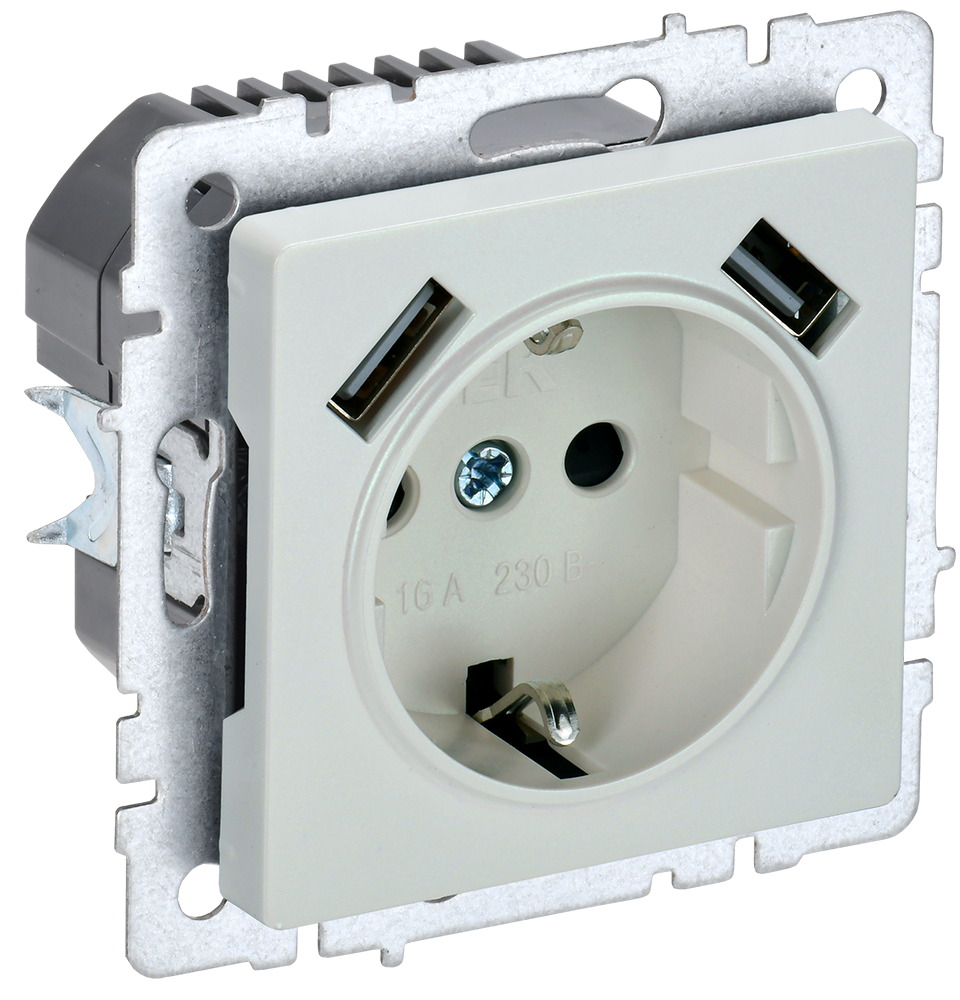 BRITE Розетка 1-местная с заземлением с защитными шторками 16А с USB A+A 5В 2,1А РЮш10-1-БрЖ жемчуг IEK