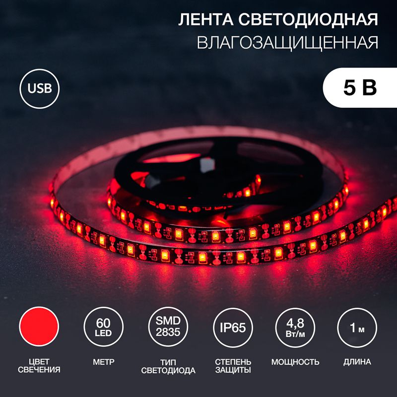 Лента светодиодная 5В, SMD2835, 4,8Вт/м, 60 LED/м, красный, 8мм, 1м, с USB коннектором, черная, IP65