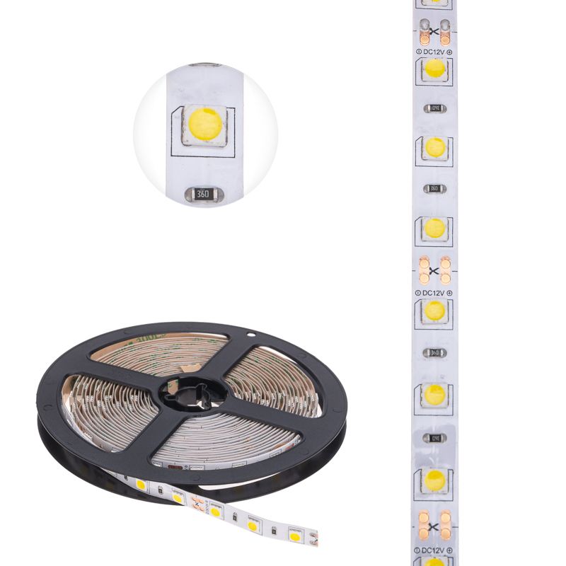 Лента светодиодная 12В, SMD5050, 14,4Вт/м, 60 LED/м, 4000К, 10мм, 5м, для БП с клеммами, IP20 LAMPER - Фото 3