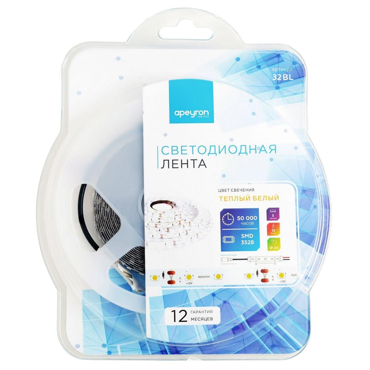 Лента светодиодная в блистере СТ smd3528 120д/м 12В 3000К IP20 5м Apeyron - Фото 8