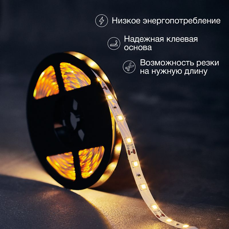 Лента светодиодная 12В, SMD2835, 4,8Вт/м, 60 LED/м, 3000К, 8мм, 5м, IP20 LAMPER - Фото 2