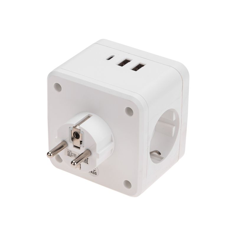 Двойник электрический Куб 16А с/з + 2хUSB-A 2,4А + USB Type-C 3А с ночной подсветкой, белый REXANT - Фото 3