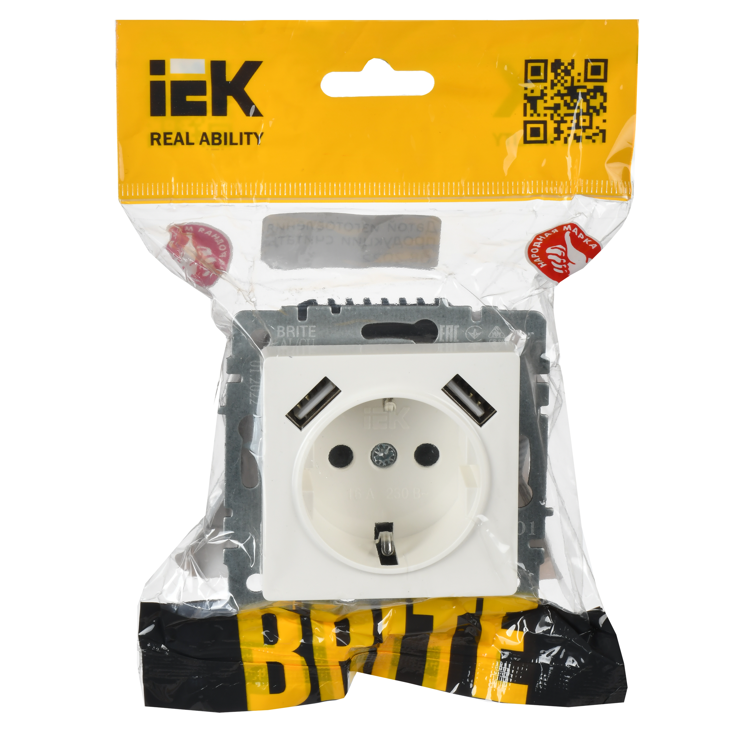 BRITE Розетка 1-местная с заземлением с защитными шторками 16А с USB A+A 5В 2,1А РЮш10-1-БрБ белый IEK - Фото 2