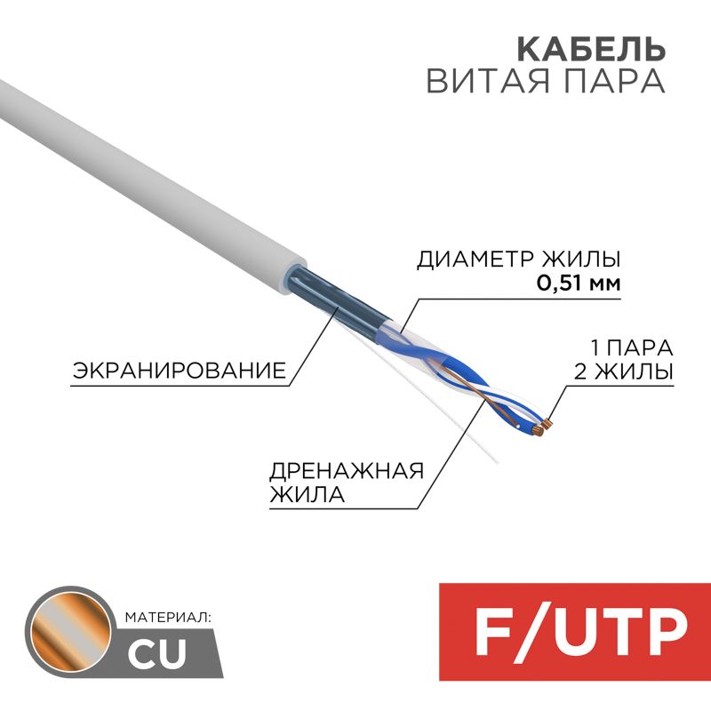 Кабель витая пара F/UTP, CAT 5e, PVC, 1PR, 24AWG, INDOOR, SOLID, серый, 305м, REXANT для высокоскоростной передачи