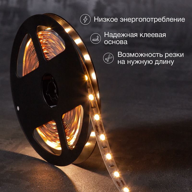 Лента светодиодная 12В, SMD5050, 14,4Вт/м, 60 LED/м, 2700К, 10мм, 5м, для БП с клеммами, IP20 LAMPER - Фото 2
