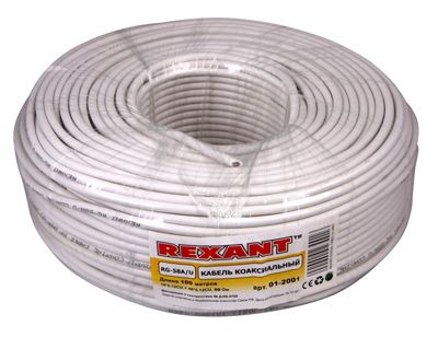 Кабель коаксиальный RG-58 A/U, 50 Ом, Cu/Al/Cu, 64%, 100м, INDOOR, белый REXANT - Фото 2