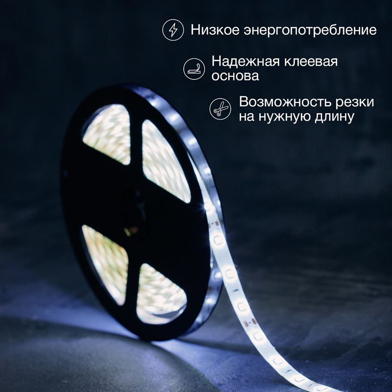 Лента светодиодная 12В, SMD2835, 4,8Вт/м, 60 LED/м, 6500К, 8мм, 5м, IP65 LAMPER - Фото 2