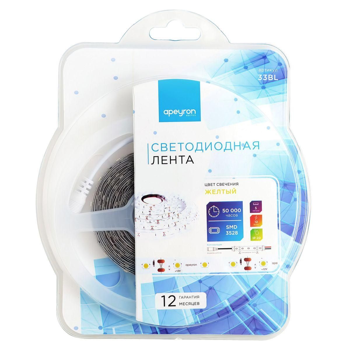 Лента светодиодная в блистере СТ smd3528 60д/м 12В IP20 5м желтый Apeyron - Фото 8