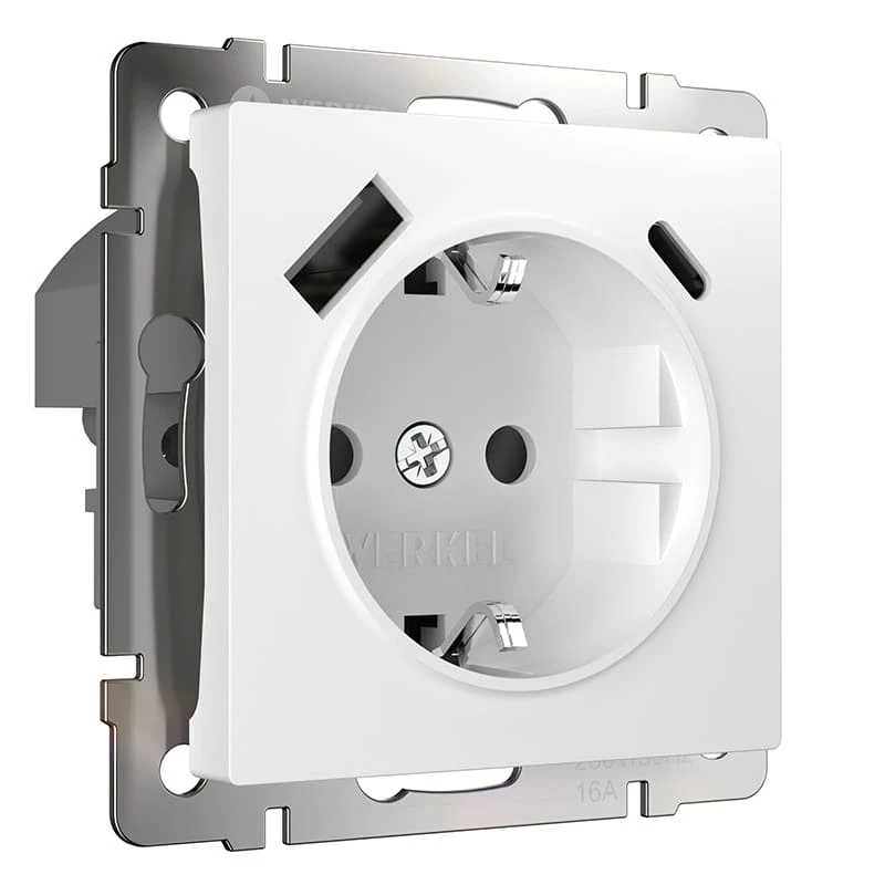 Розетка с заземлением, шторками и USB тип A+C (белый) Werkel