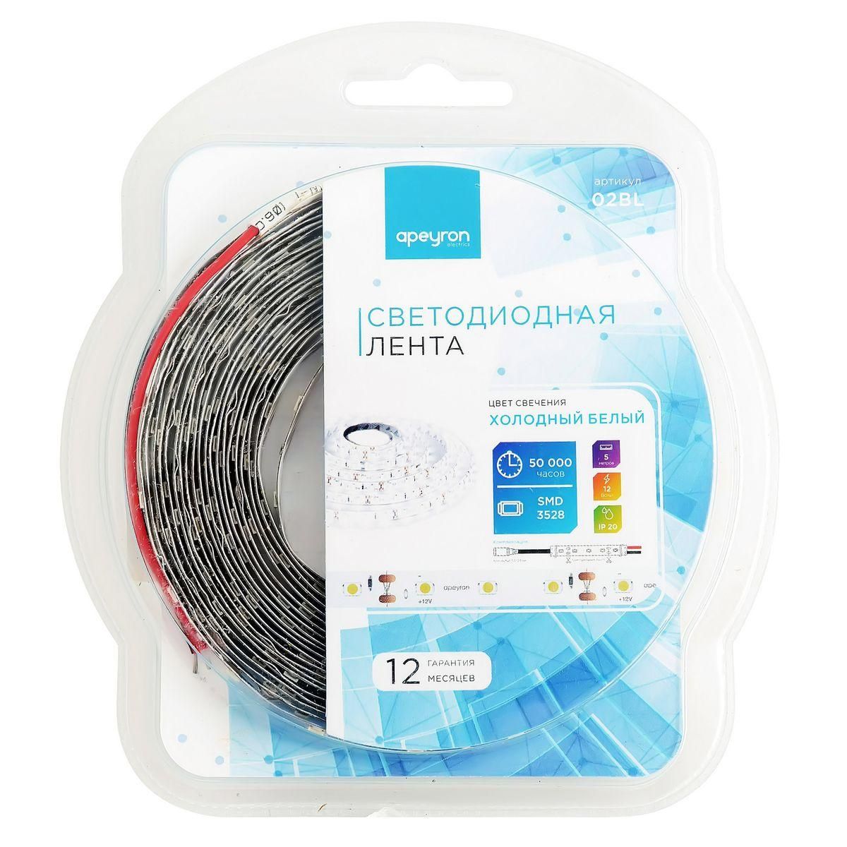 Лента светодиодная в блистере СТ smd3528 60д/м 12В 6500К IP20 5м Apeyron - Фото 7