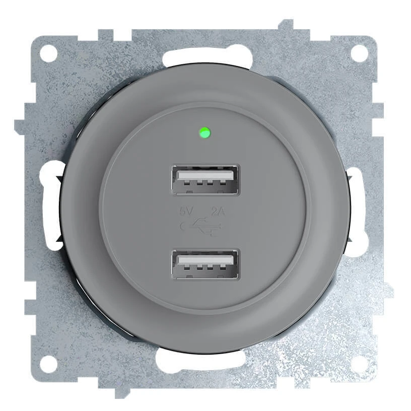 Розетка USB двойная, с подсветкой, цвет серый Florence